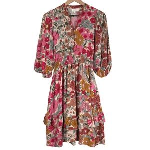 Bohme Smocked Midi Dress Sz S Pink Mustard Floral Pockets 3/4 Sleeve Cottage